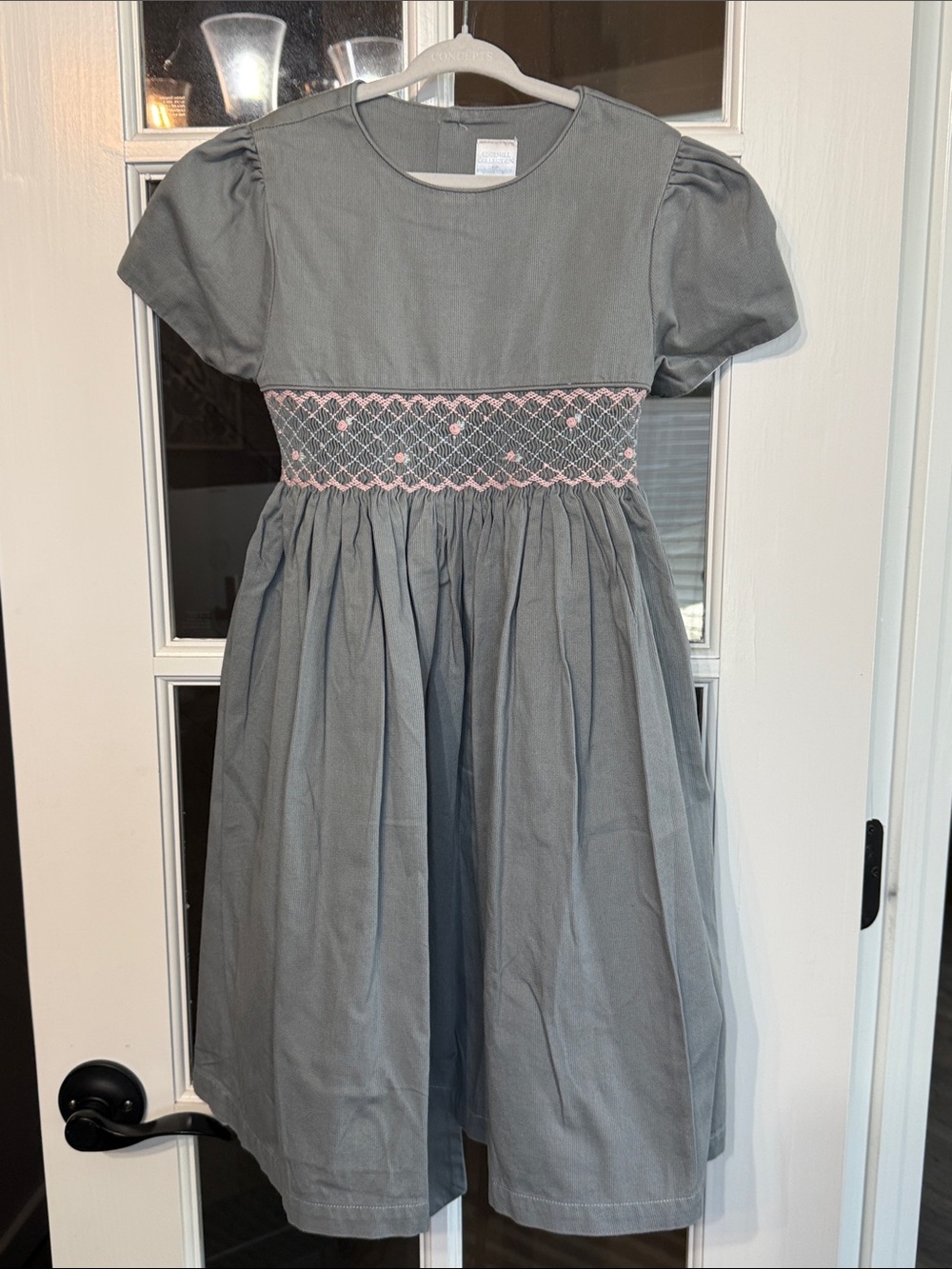 EDGEHILL COLLECTION Gray Smocked Dress Dainty Pink Rosettes Cotton Twill Size 6X
